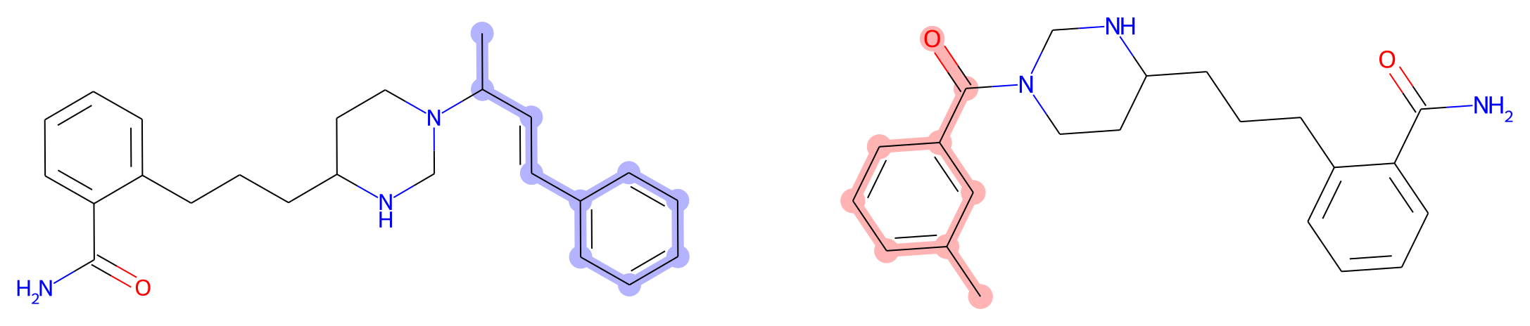 Case A: the input compound with its outgoing fragment marked, and the generated product with the incoming fragment marked