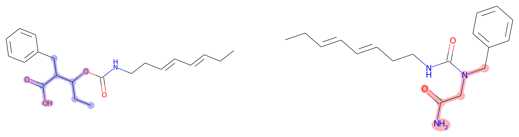 Case B: the input compound with its outgoing fragment marked, and the generated product with the incoming fragment marked
